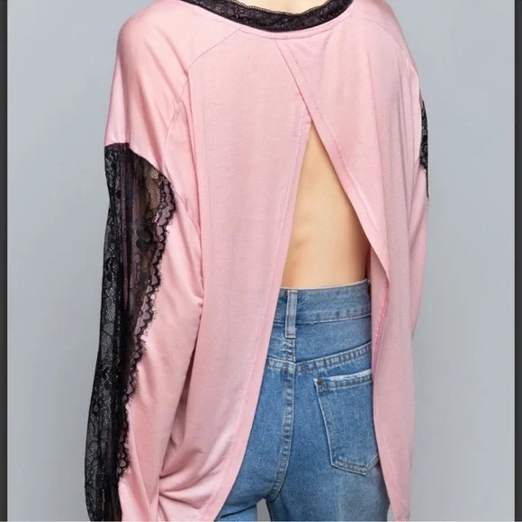108. NWOT POL Pink Blouse with Black Lace Sleeves and Open Back Detail - Picture 4 of 7